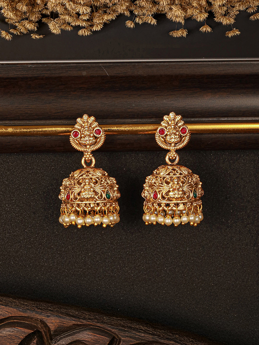 Gold Finish Red  Kempo Studded Nagas GoddessLakshi  Design Temple  Jhumka Earrings